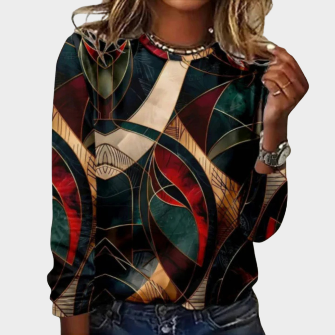 Women’s Abstract Print T-Shirt – Long Sleeve Round Neck Loose Fit Casual Top – Soft Cotton-Polyester Blend – Multicolour