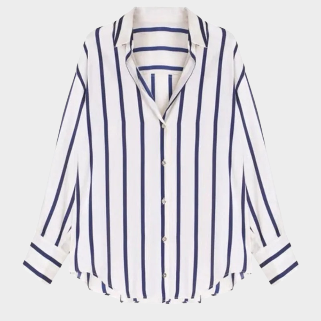 Women's Vintage Striped Shirt – Loose Fit Turn-Down Collar Button Blouse Cotton Polyester – Blue