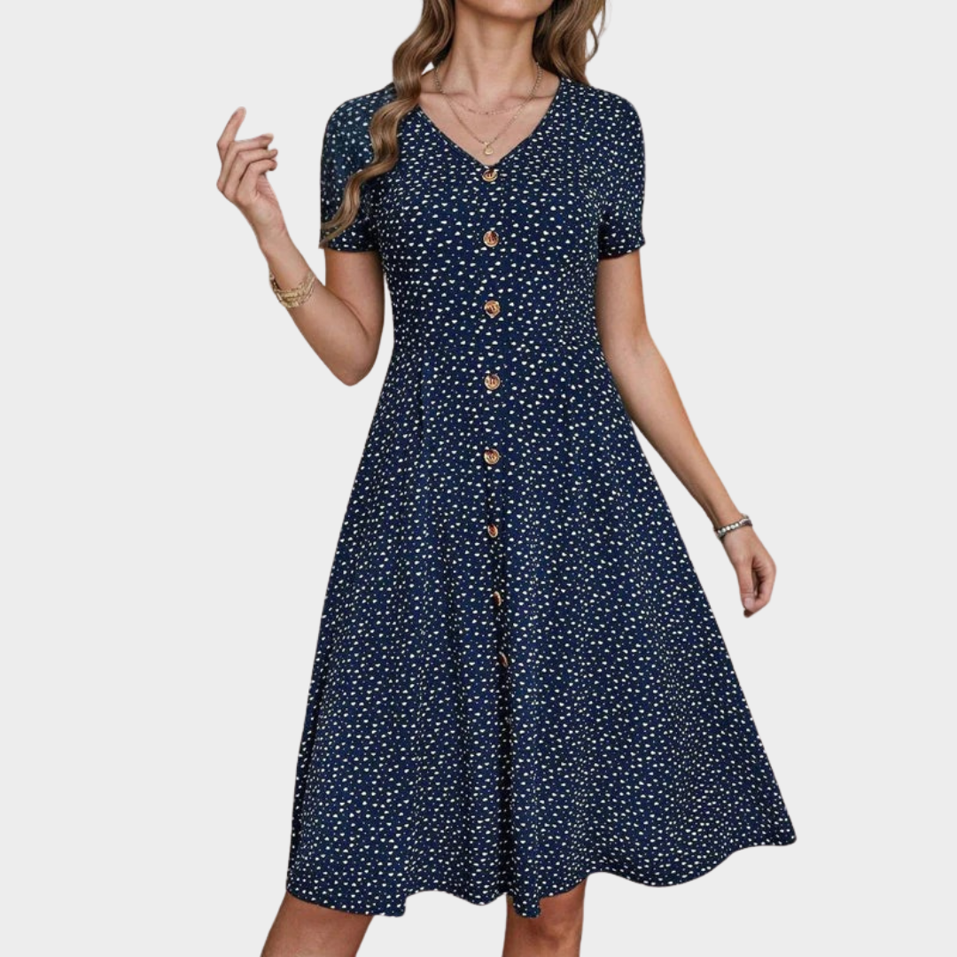 Women's Vintage Polka Dot Dress – Short Sleeve Knee Length V-Neck Cotton Polyester – Navy Blue