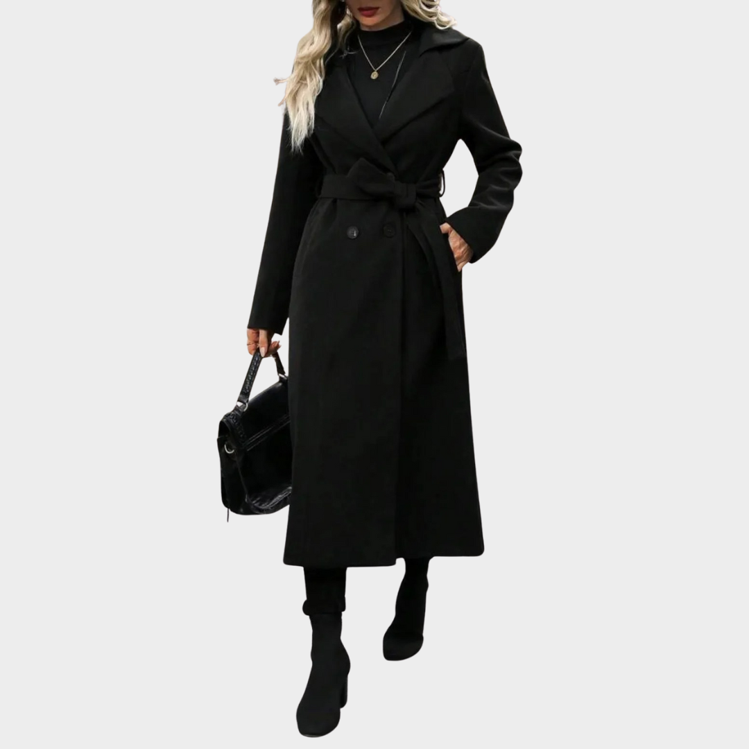 Women Double Breasted Woolen Coat – Extended Length Turn-Down Collar Windbreaker – Elegant Long Overcoat – Multiple Colours