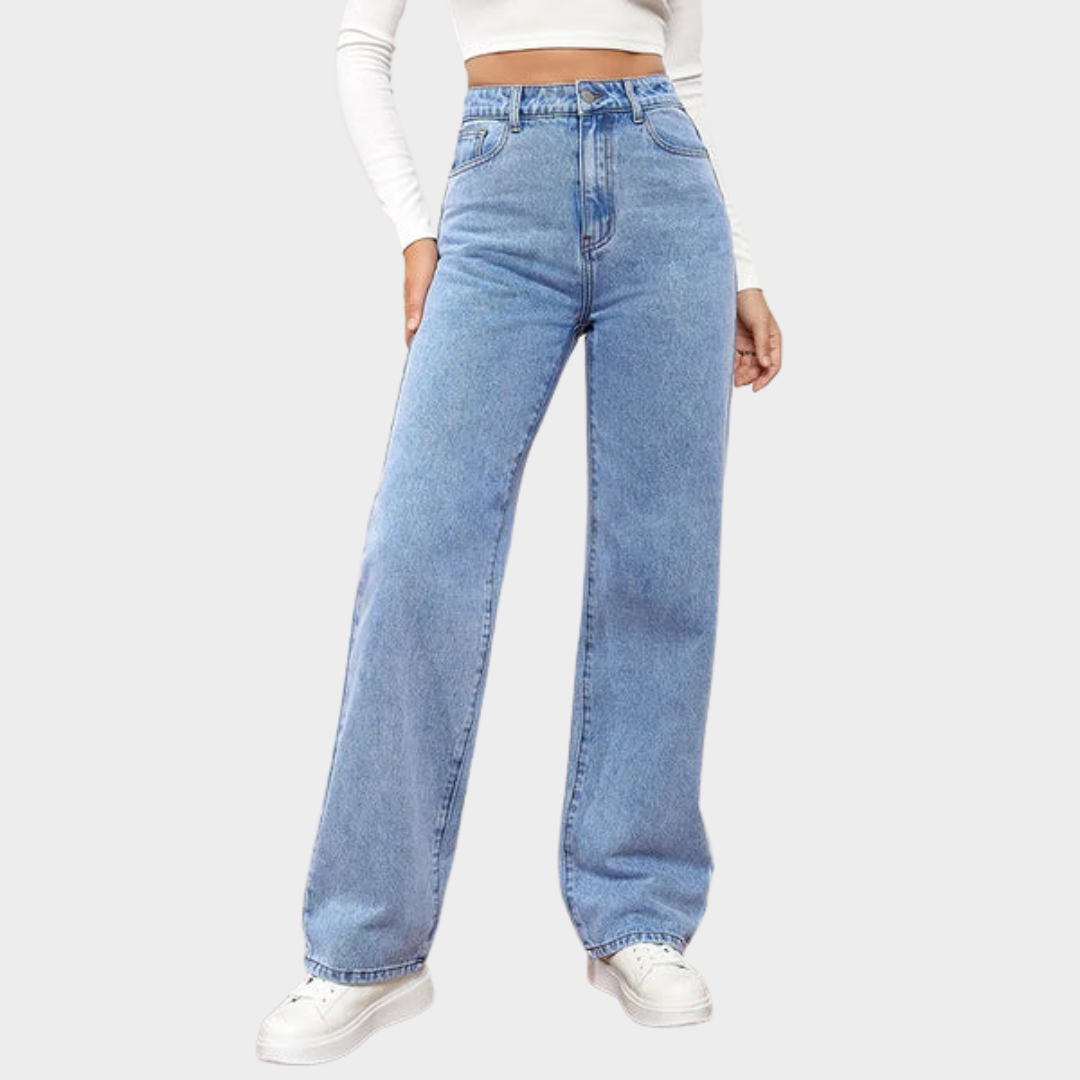 Women's High-Waisted Jeans – Loose Fit – Wide Leg – Straight-Leg Denim – Blue