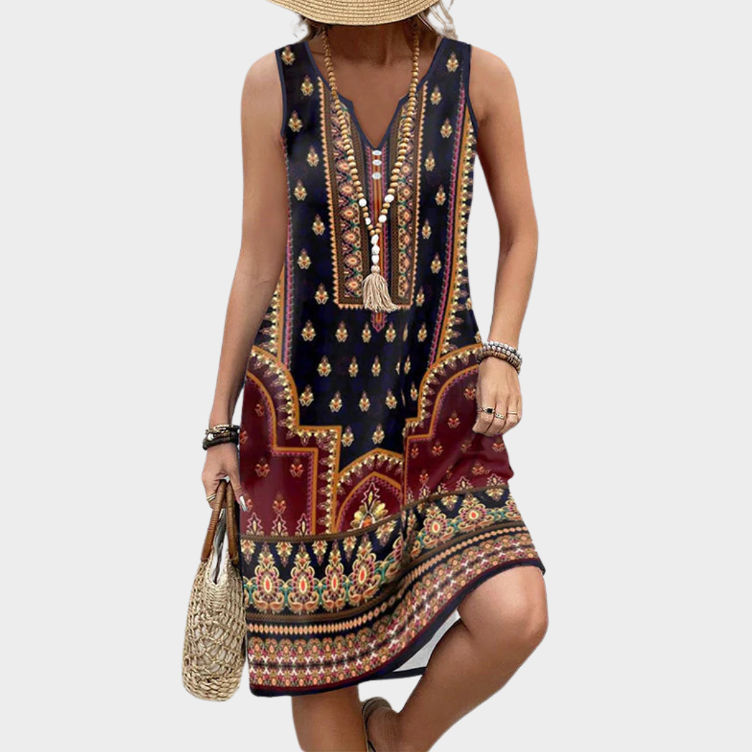 Women’s V-Neck Ethnic Style Dress – Relaxed Fit Printed Midi Dress – Lightweight Cotton-Polyester – Multicolour