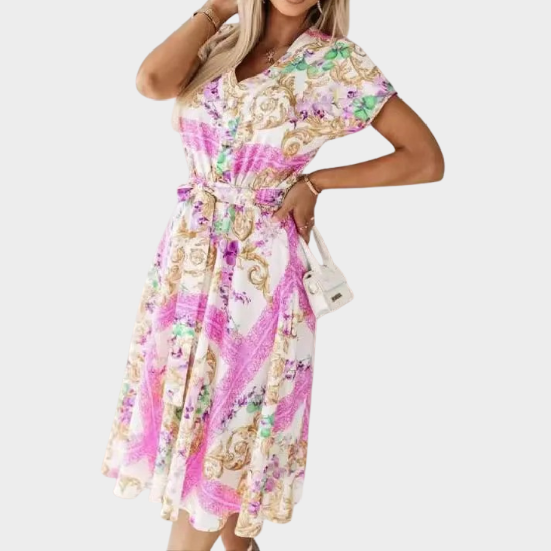 Women Dress – V-Neck Short Sleeve Fitted Cut with Soft Lightweight Fabric – Multiple Colours