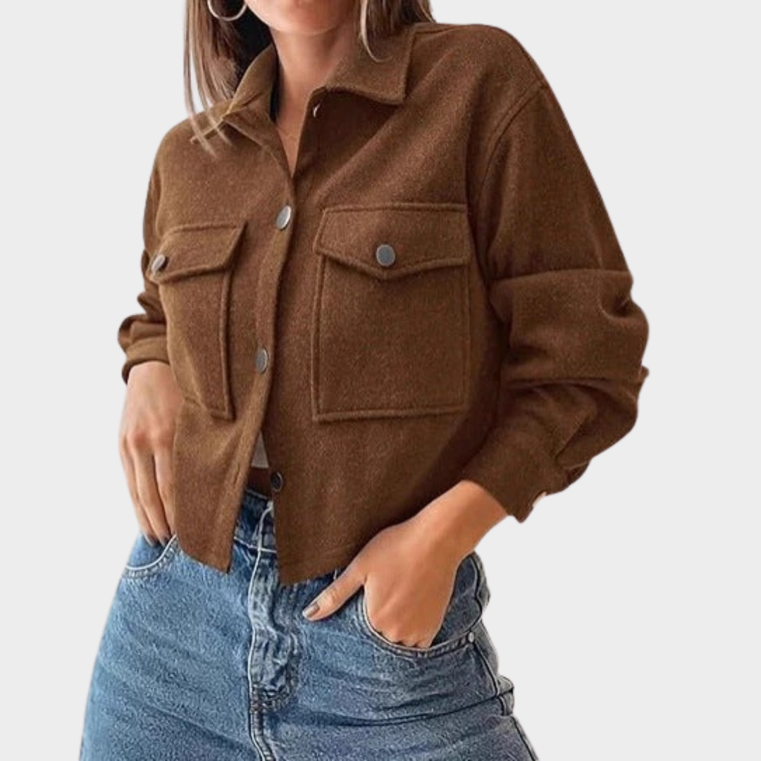 Women Cropped Coat – Relaxed Fit Wool Blend Spread Collar Button Front with Pockets – Multiple Colours
