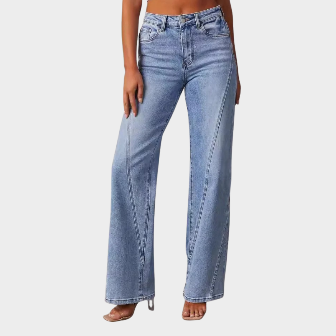 Women’s Jeans – Wide Leg Loose Fit Denim Trousers – Splicing Design Casual High-Rise Pants – Blue