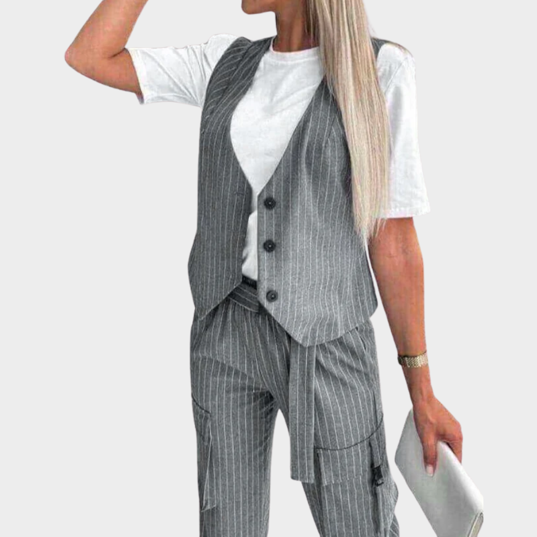 Women’s 2-Piece Vest and Cropped Pants Set – Solid Striped – Button-Up Sleeveless Vest – Cropped Pocket Trousers – Multiple Colours