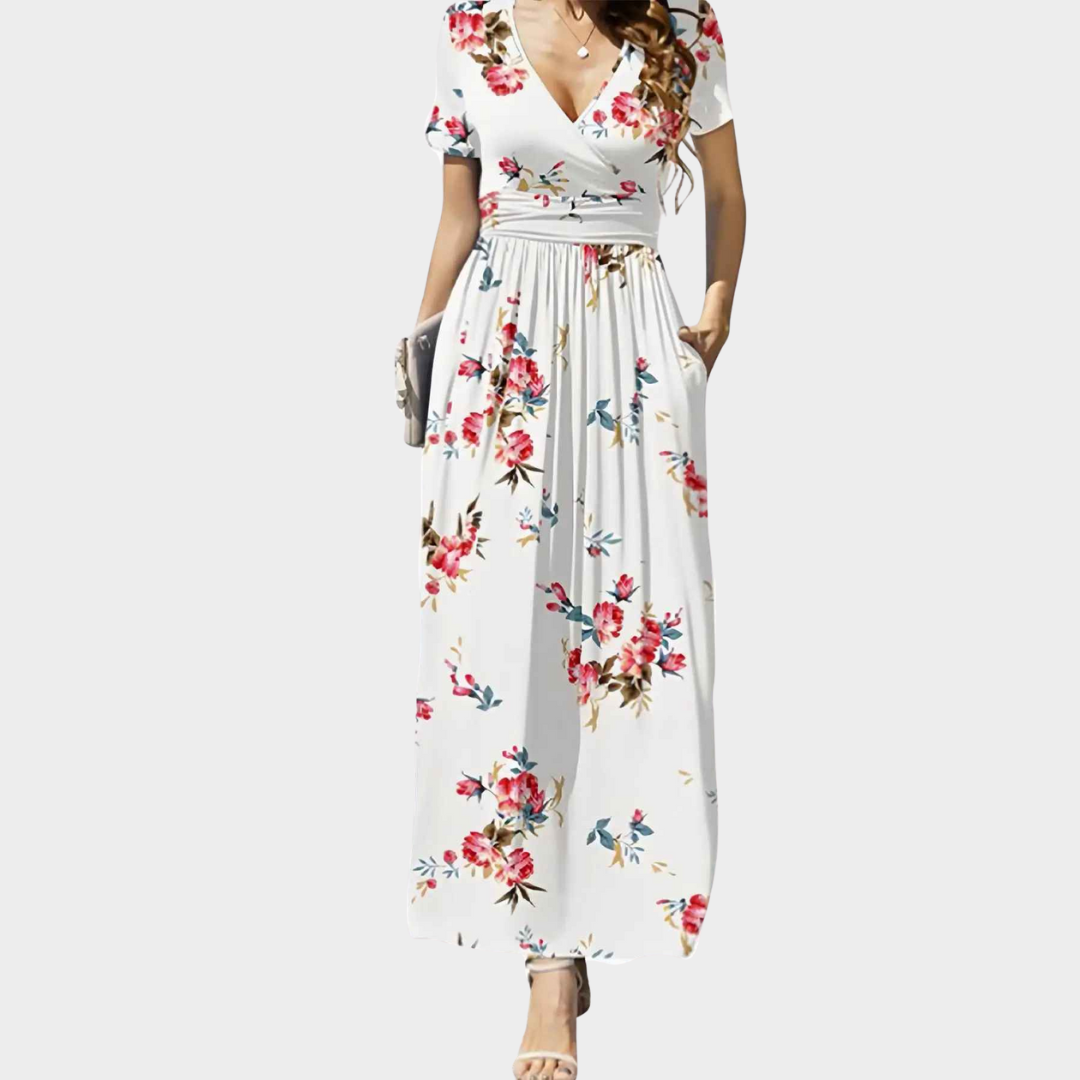 Women's Elegant Short Sleeve Dress – V-Neck Waist-Tied Design with Pockets – Soft Comfortable Fabric – Multiple Colours