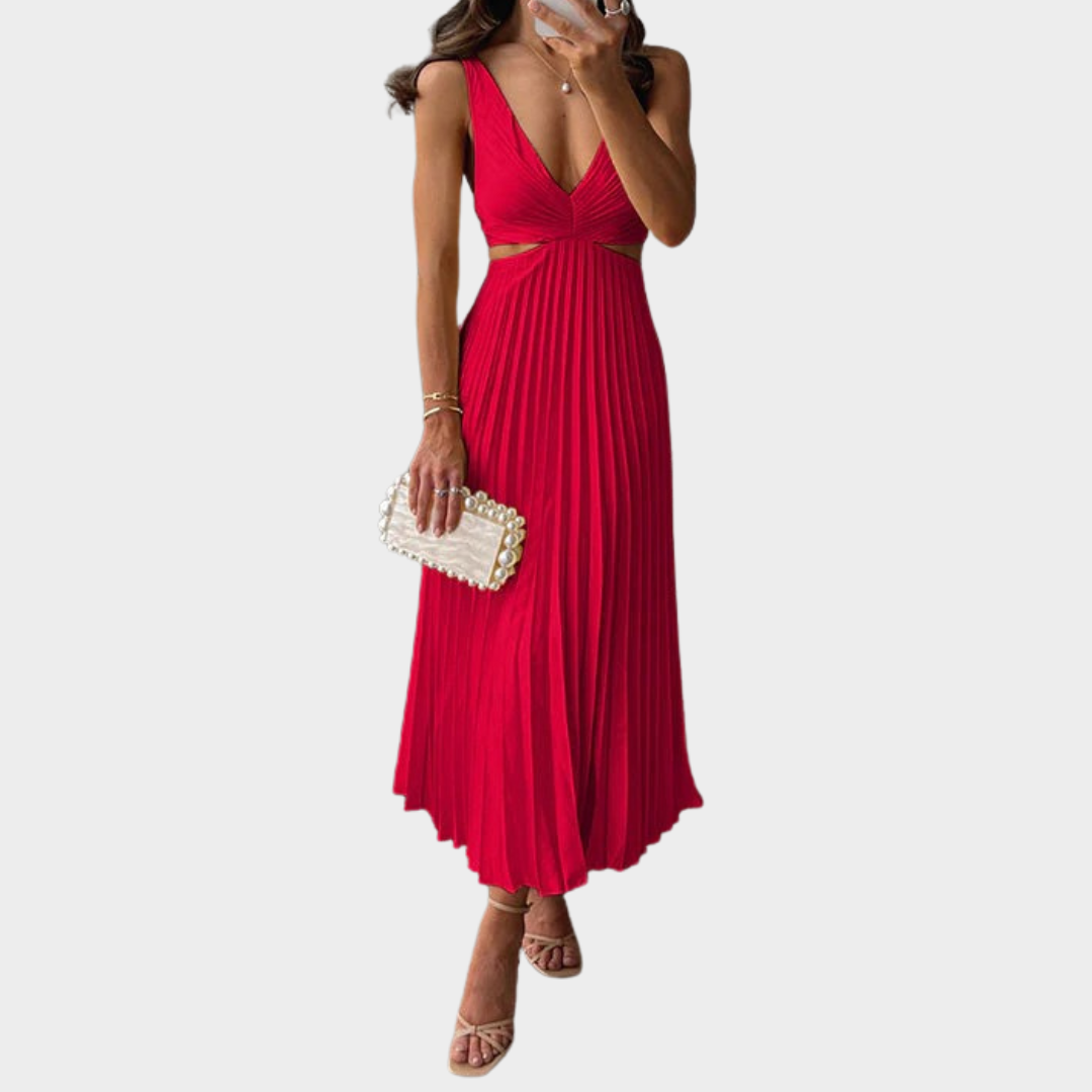 Women’s V-Neck Maxi Dress – Sleeveless Pleated Fit – Hollow Out Backless Design – Elegant Party Style – Multiple Colours
