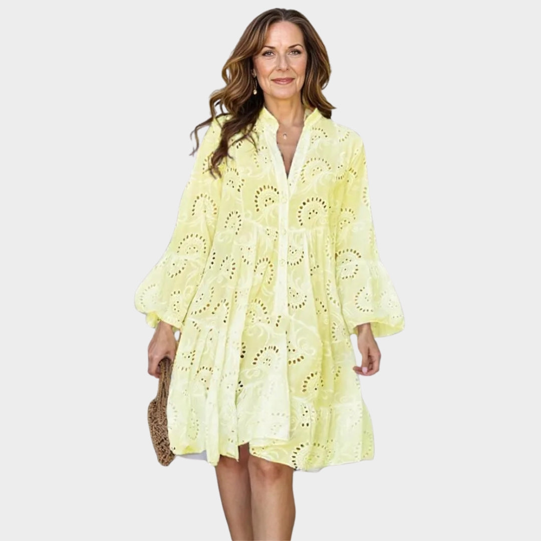 Spring Summer Women’s V-Neck Lace Dress – Solid Color, Embroidered, Hollow Design, Casual Loose Fit
