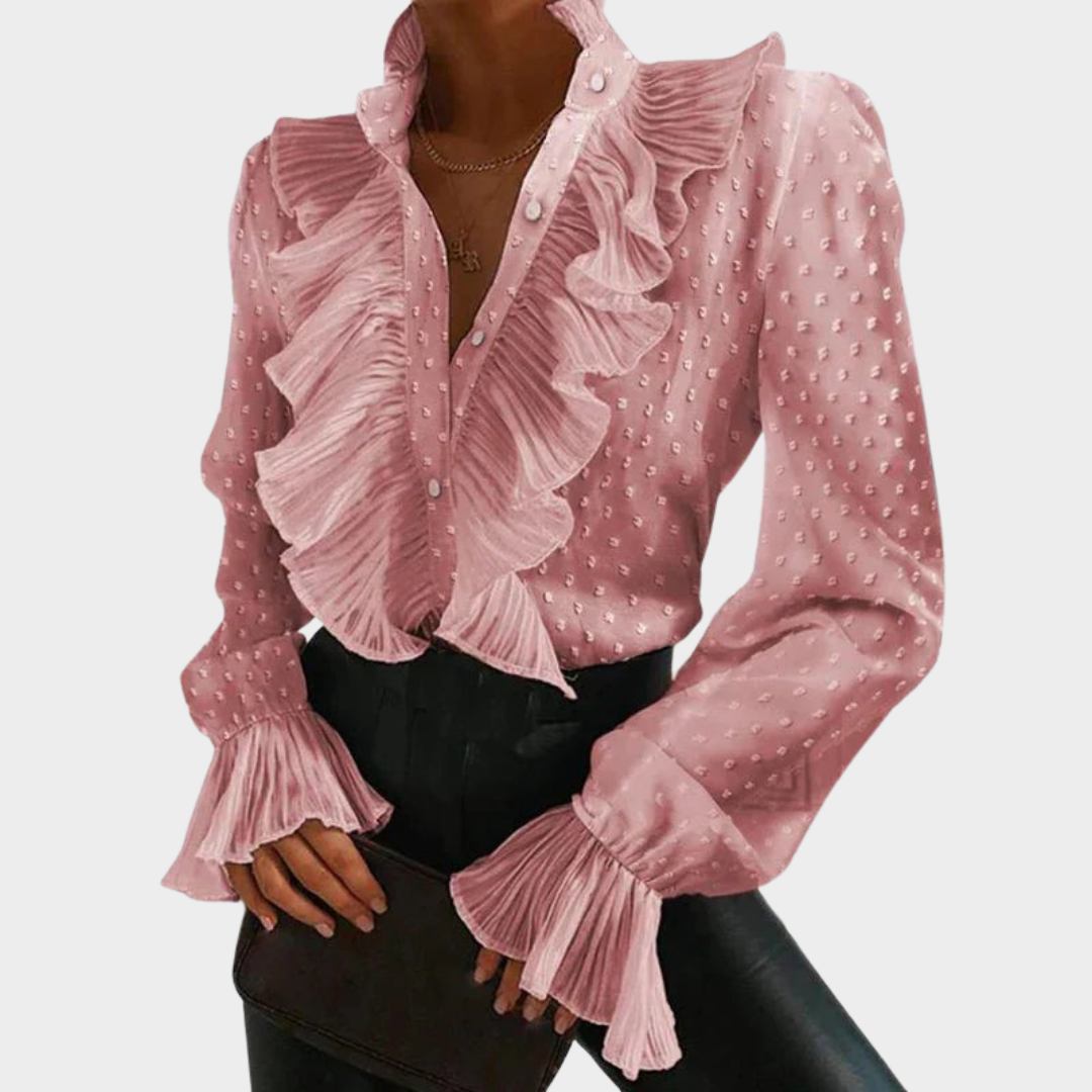 Women's Long Sleeve Button Shirt – V-Neck Ruffled Blouse – Pleated Chiffon – Elegant Office Wear – Multiple Colours