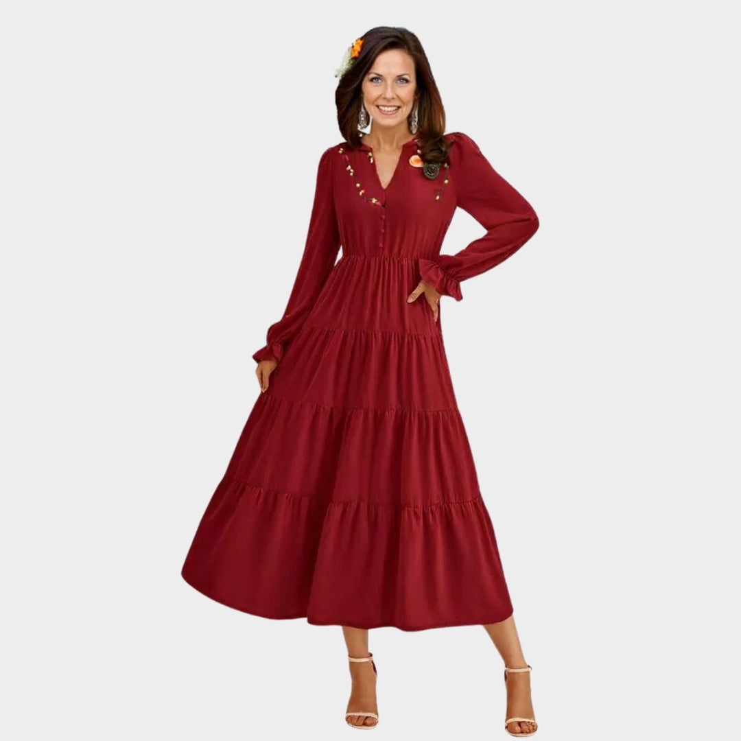 Women’s High-Waist A-Line Dress - V-Neck, Layered Ruffles, Button Embellished, Long Sleeve, Wine, Black, and More