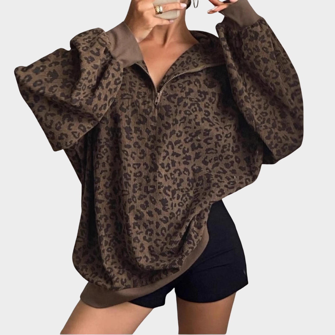 Women Leopard Print Jacket – Retro Stand Collar Loose Fit Medium Length Hoodie Style Top – Casual Comfortable Outerwear – Multiple Colours