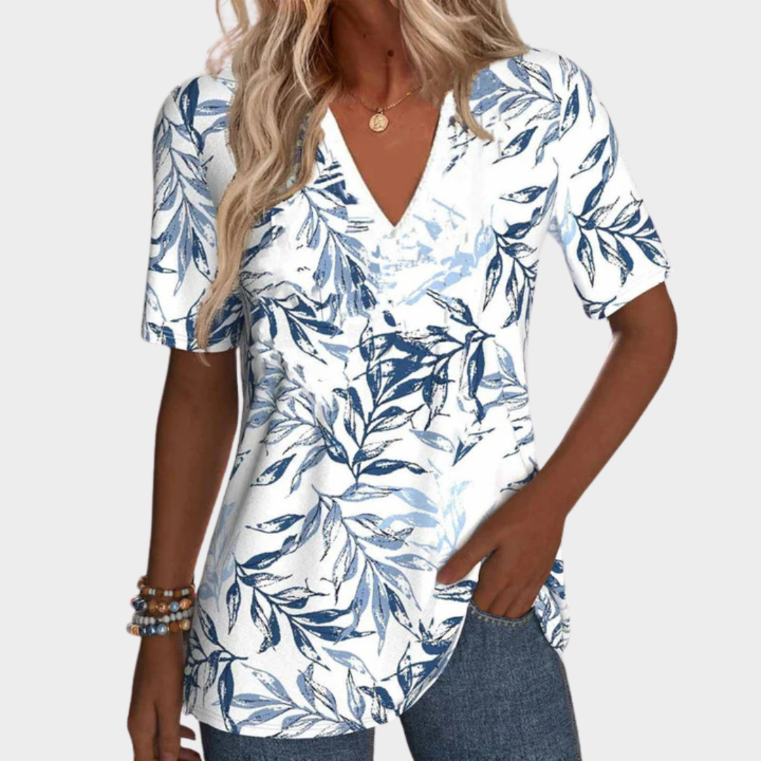 Women’s Casual T-Shirt – Short Sleeve Leaf Print V-Neck Tee – Soft Cotton-Poly Blend – Relaxed Fit – Lightweight and Breathable – Blue