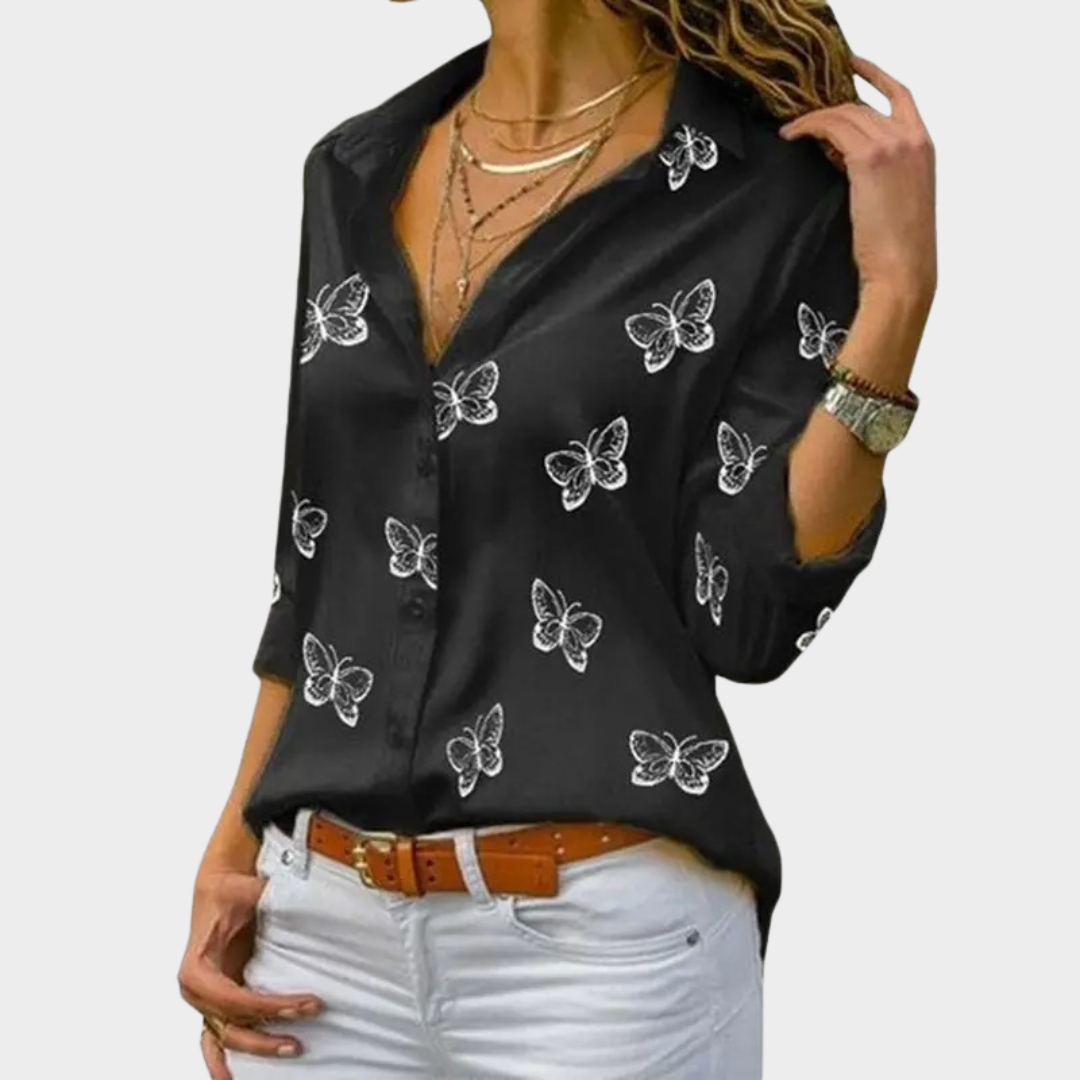 Women’s Oversized Blouse – Butterfly Print Long Sleeve Shirt – Turn-Down Collar – Loose Fit – Lightweight Fabric – Multiple Colours