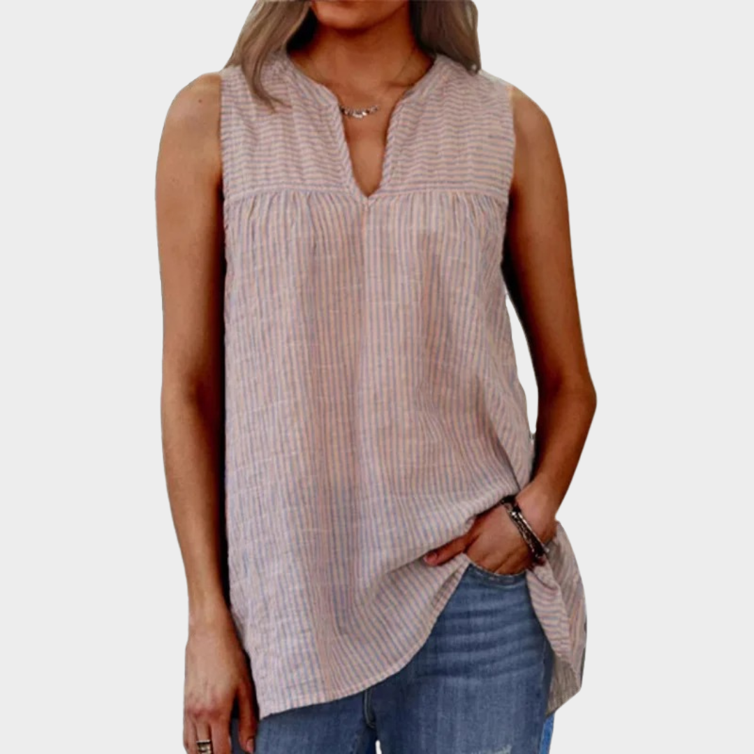 Women Sleeveless Tunic Top – V-Neck Relaxed Fit Striped Design in Natural Fiber Blend – Apricot
