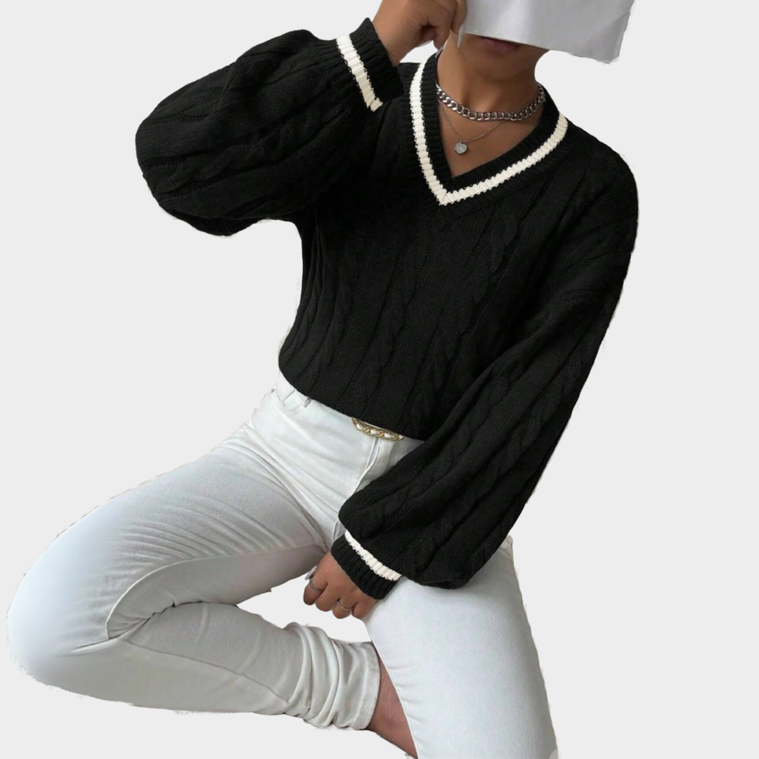 Women Knitted V Neck Sweater – Long Sleeve Loose Fit Intercolor Knitwear with Elegant Comfortable Style for Casual Outfits – Multiple Colours
