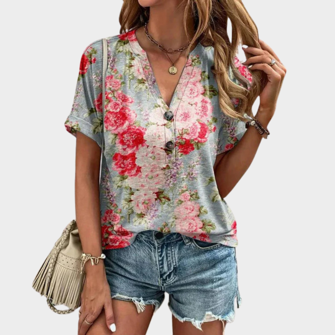 Women’s Vintage Floral Blouse – Short Sleeve V-Neck Shirt – Lightweight Cotton-Polyester – Button Detail – Relaxed Fit – Multicolour