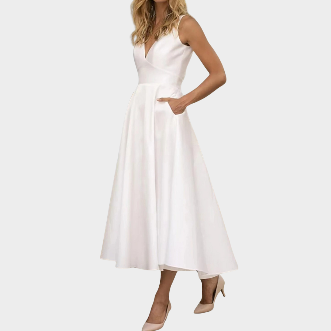 Women’s Long Evening Dress – Formal A-Line – V-Neck – Sleeveless – Satin Fabric – With Pockets – White