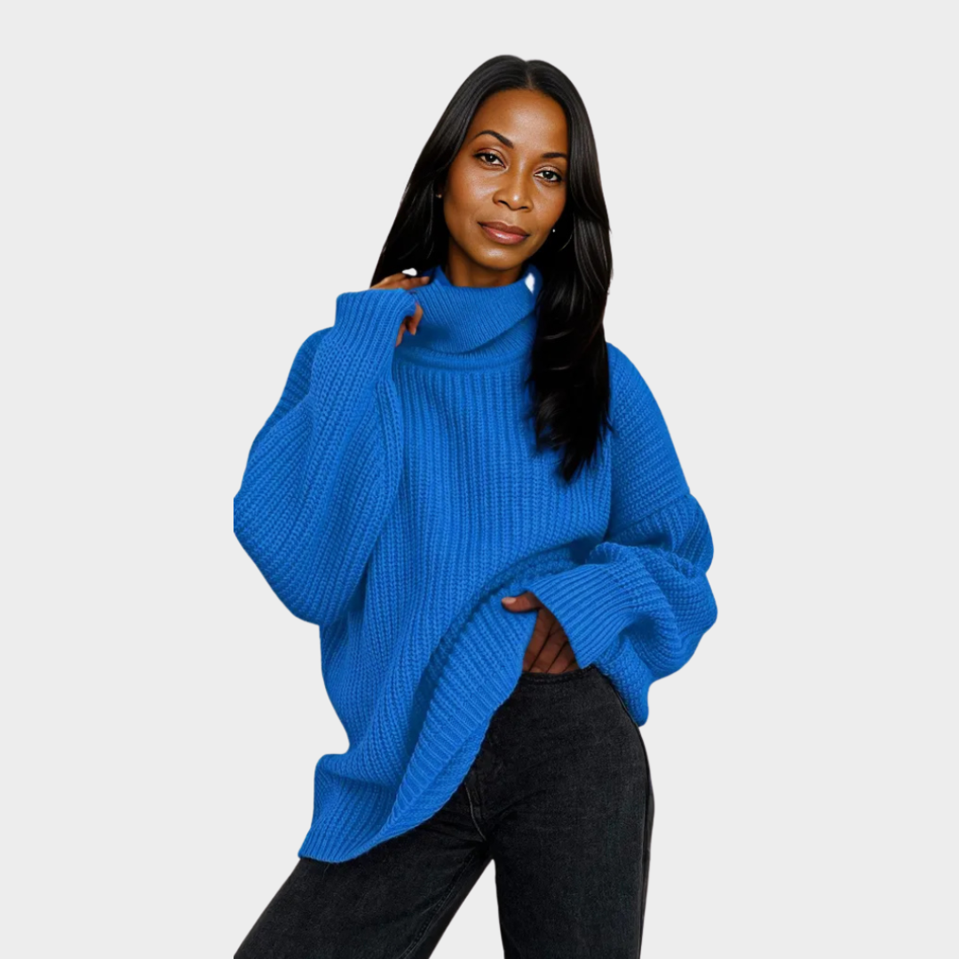 Women's Thick Knitted Cotton Turtleneck Sweater – Relaxed Fit, Warm Fall & Winter Style in Blue, Orange, and More