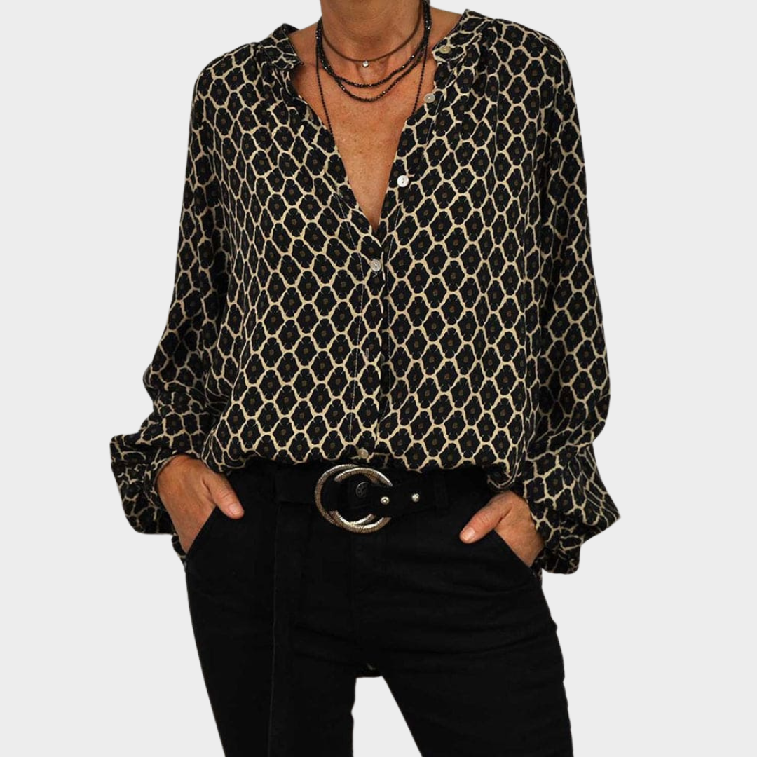 Women's V-Neck Blouse – Long Sleeve – Geometric Print – Loose Fit – Office & Casual Wear – Multiple Colours