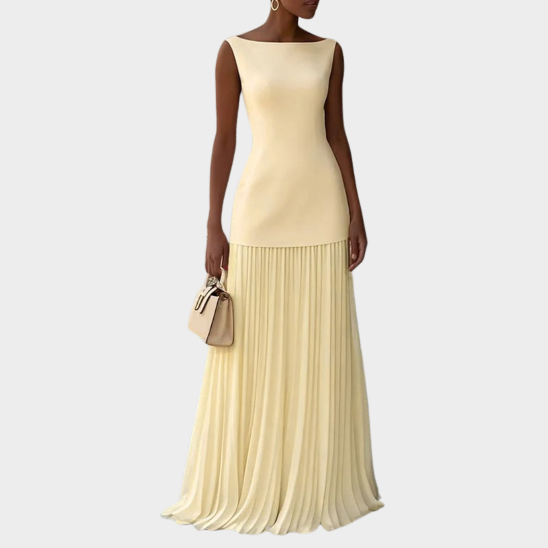 Women’s Sleeveless Maxi Dress – Elegant Pleated Full-Length Gown – Structured Bodice – Flowing Skirt – Multiple Colours