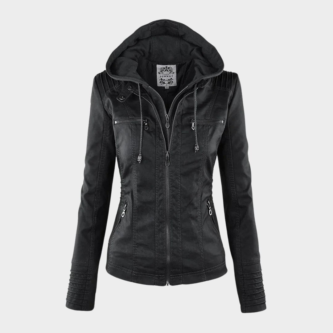 Women’s Faux Leather Jacket – Motorcycle Style – Zip Closure – Hooded Design – Multiple Colours