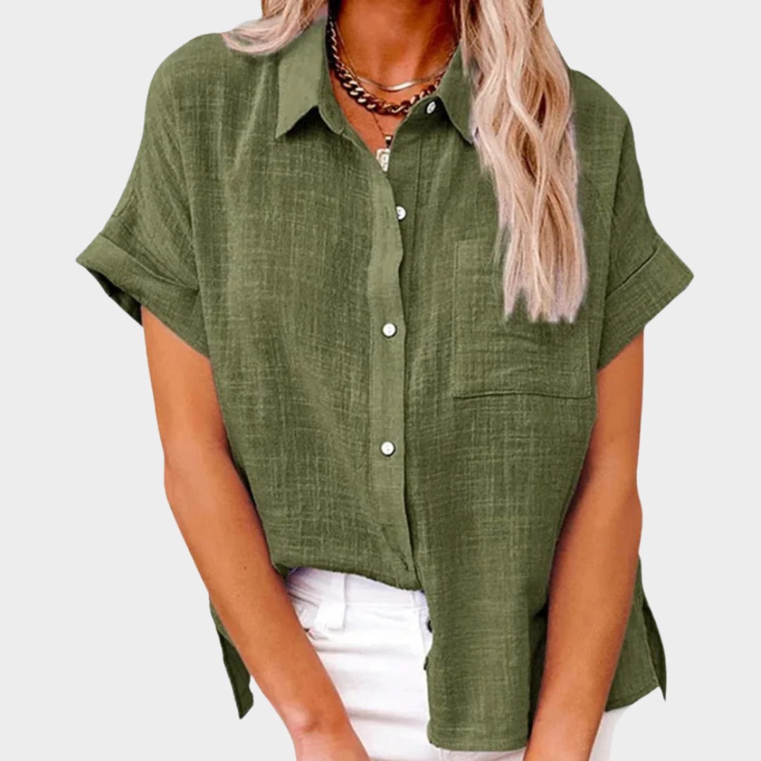 Women's Cotton Linen Shirt – Short Sleeve Lapel Collar – Button Down Casual Blouse – Lightweight Fabric – Multiple Colours