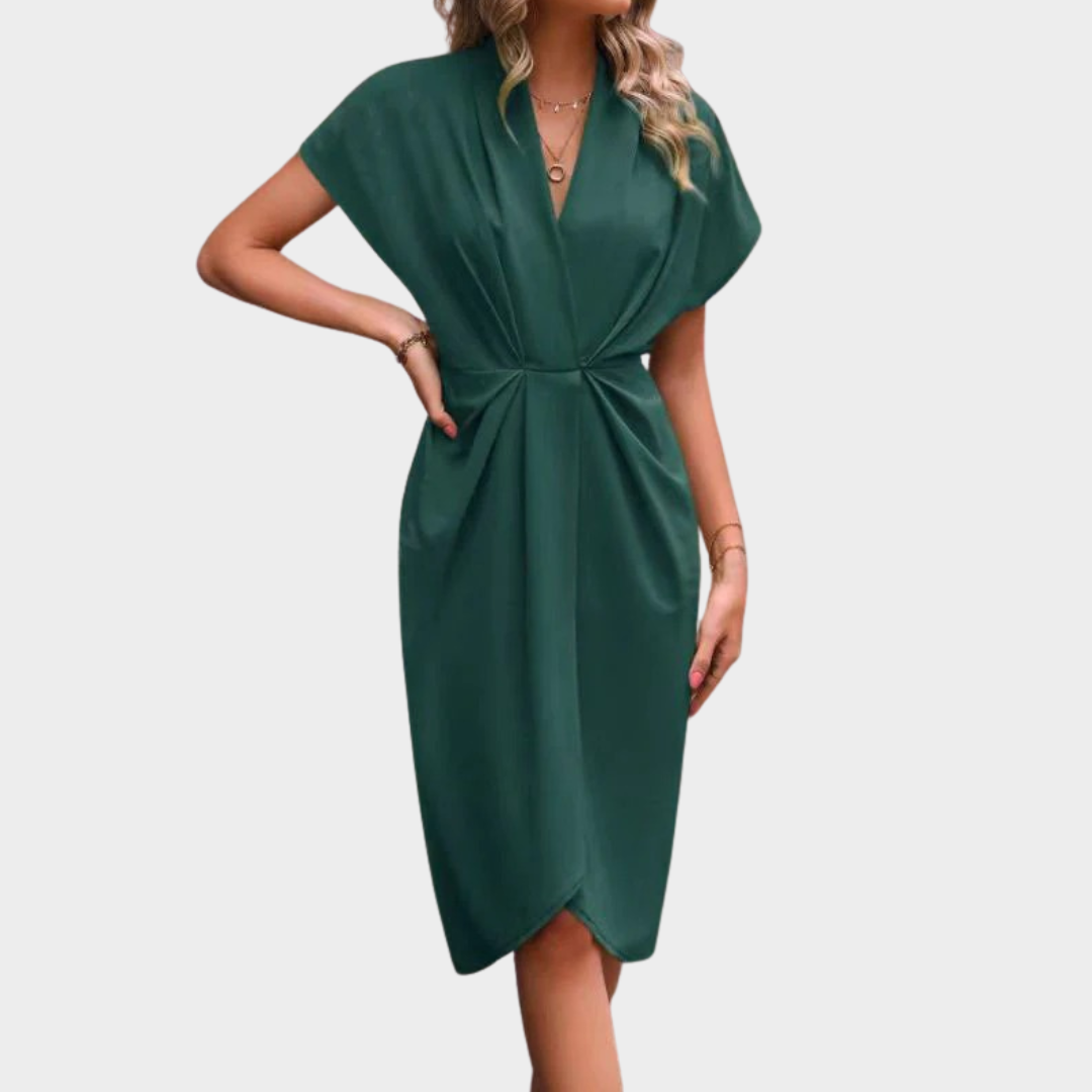 Women Elegant Midi Dress – V-Neck – Short Sleeve – High Waist Irregular Hem – Multiple Colours