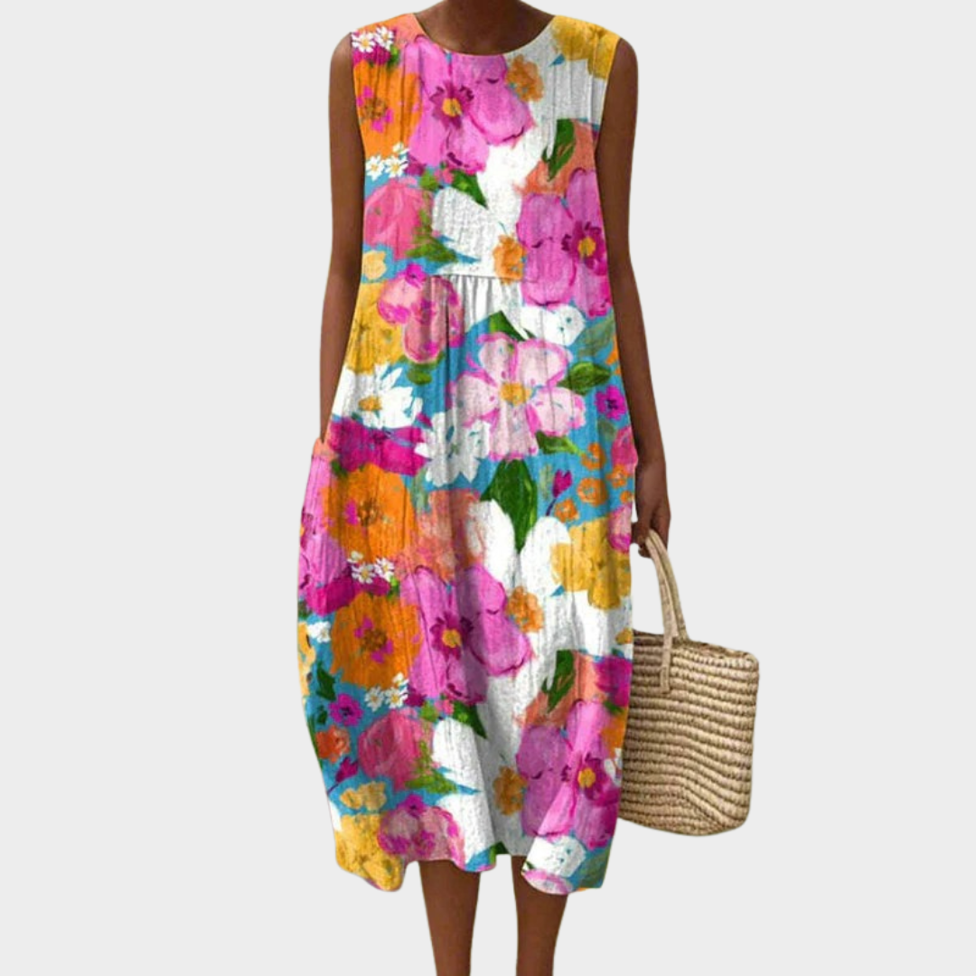 Women's Sleeveless Floral Print Mid-Calf Dress – Round Neck Cotton-Polyester Blend with Pockets – Pink