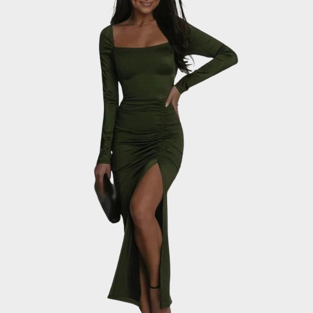 Women's Elegant Long Dress – Square Neck – Lace-Up Back – Slim Fit – Split Hem – Multiple Colours
