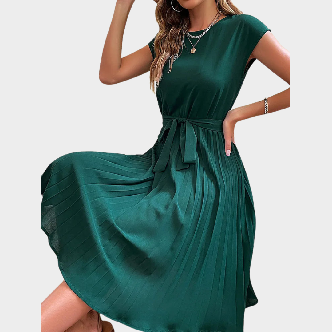 Women's Short Sleeve Pleated Midi Dress – Elegant & Flowy – O-Neck Tunic – Multiple Colours