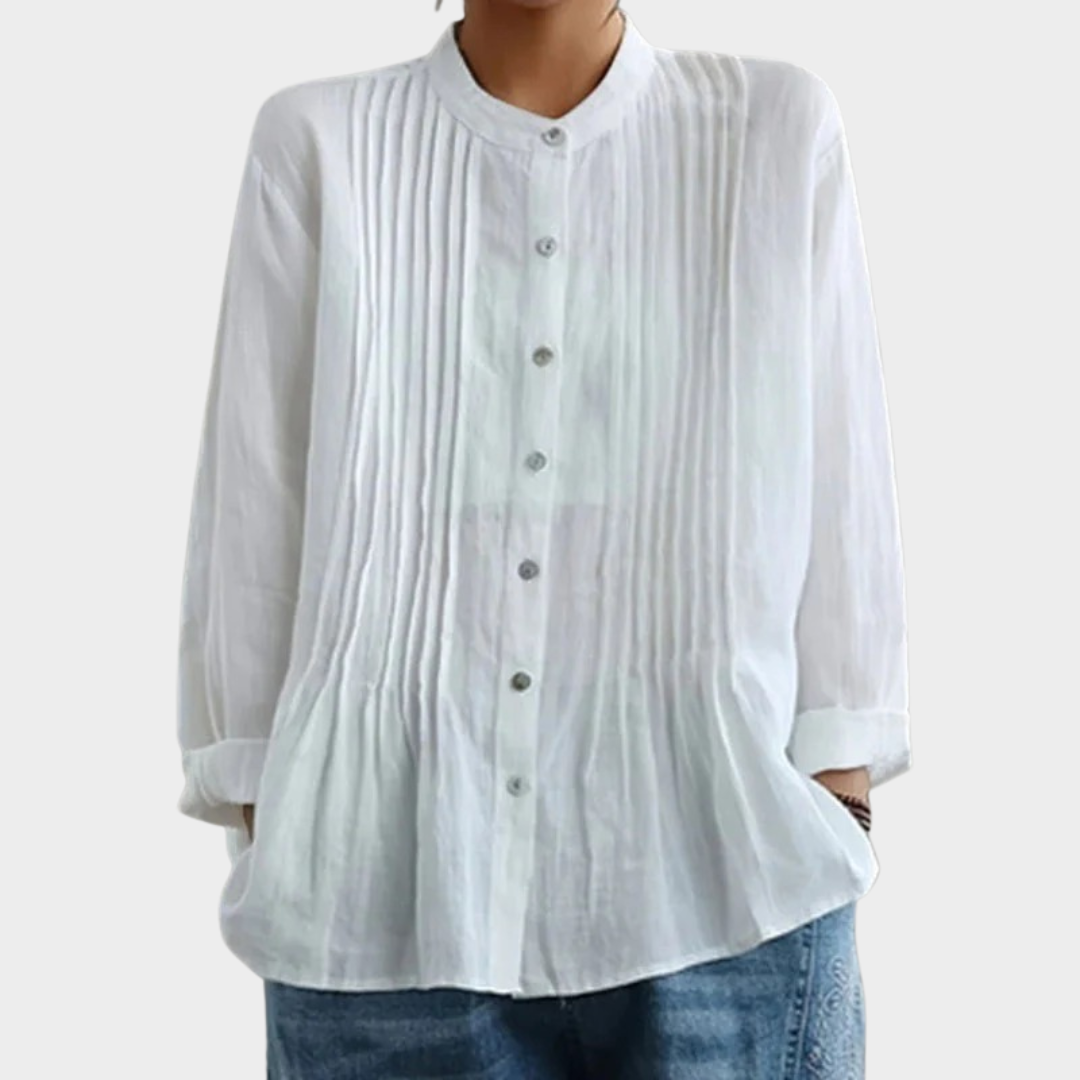 Women's Casual Solid Colour Blouse – Long Sleeve Round Neck Cotton Polyester Button Top – White