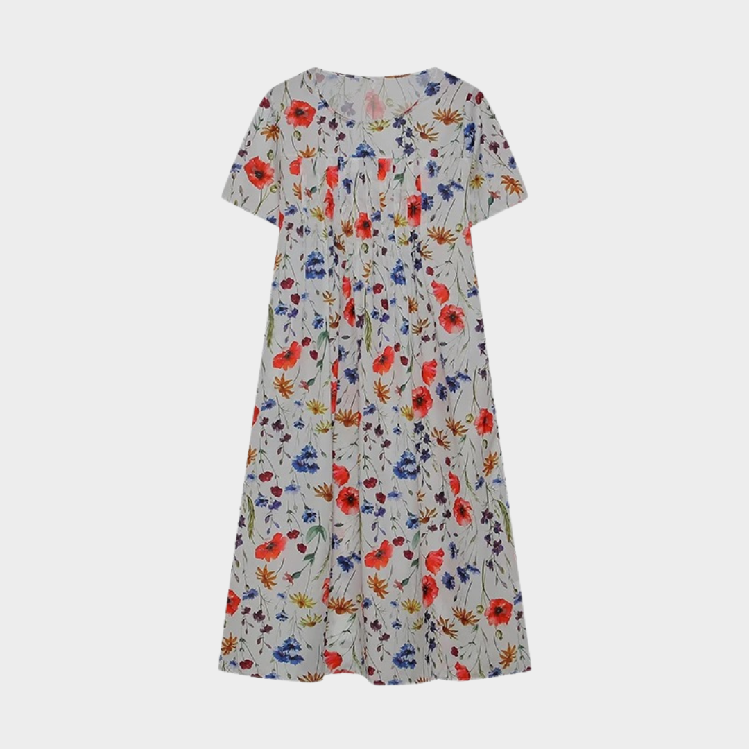 Women’s Printed Swing Dress – Round Neck Short Sleeve Fit with Flared Skirt – Elegant Relaxed Design – Lightweight Soft Fabric – Multicolour