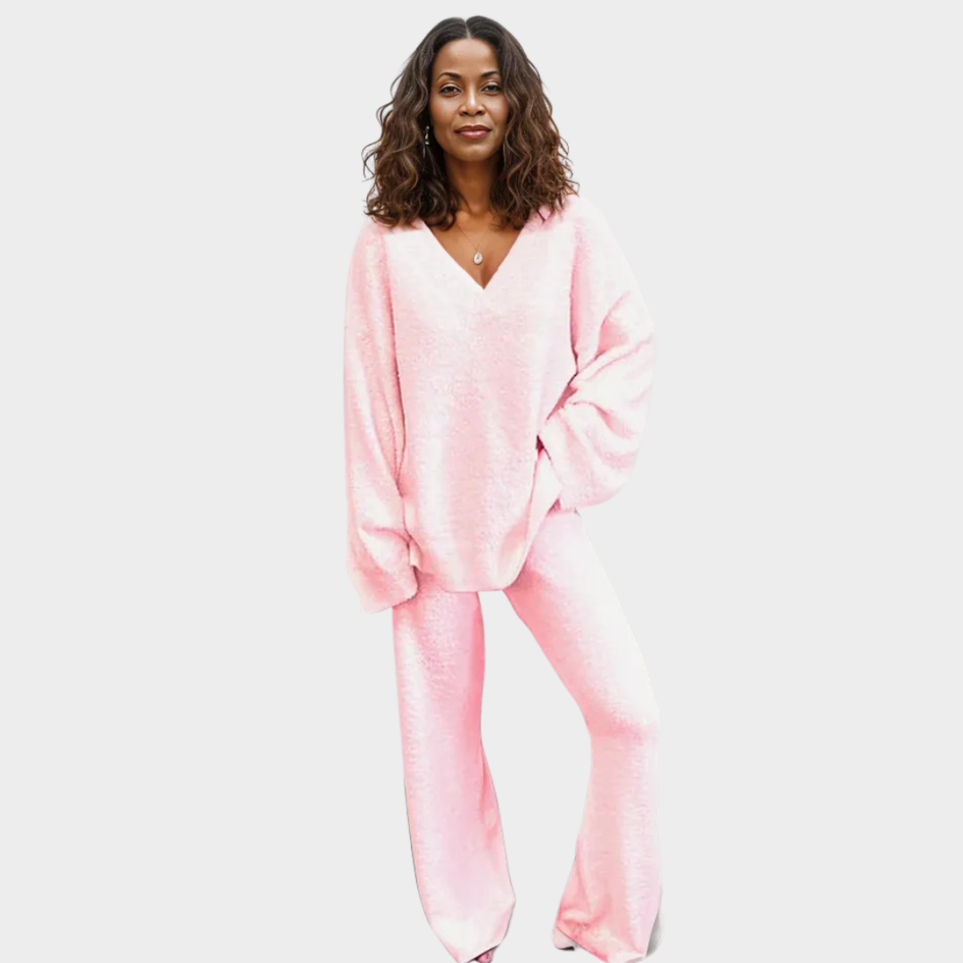 Women's Two-Piece Pantsuit – V-Neck, Solid Color, Winter Casual Wear (White, Pink, Grey, Blue, Black)