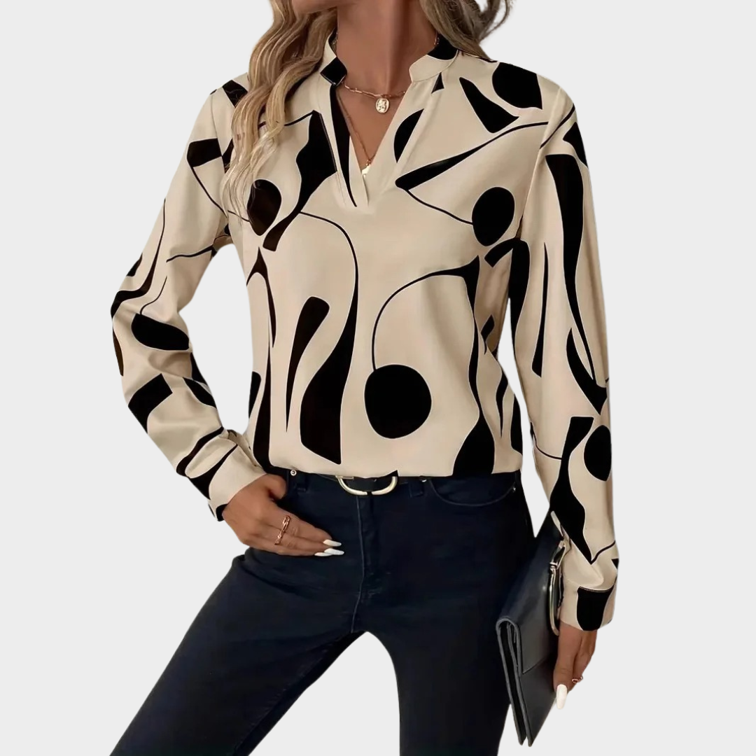 Women’s Relaxed Fit Blouse – V-Neck Abstract Print – Long Sleeve Luxury Fabric – Multiple Colours