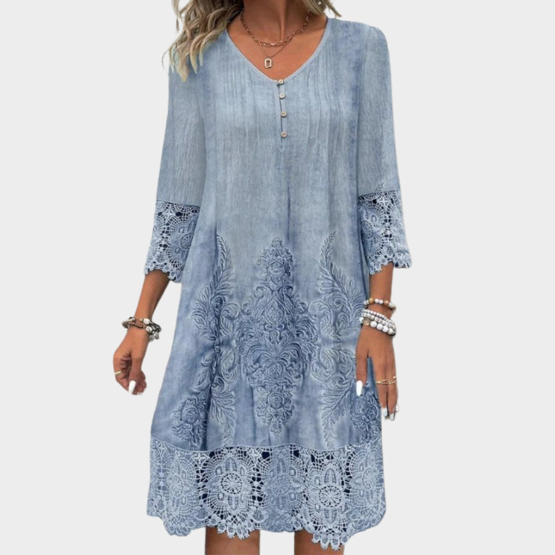 Women's Lace Midi Dress - V-Neck - 3/4 Sleeve - Elegant Hollow-Out Detail - Multiple Colours