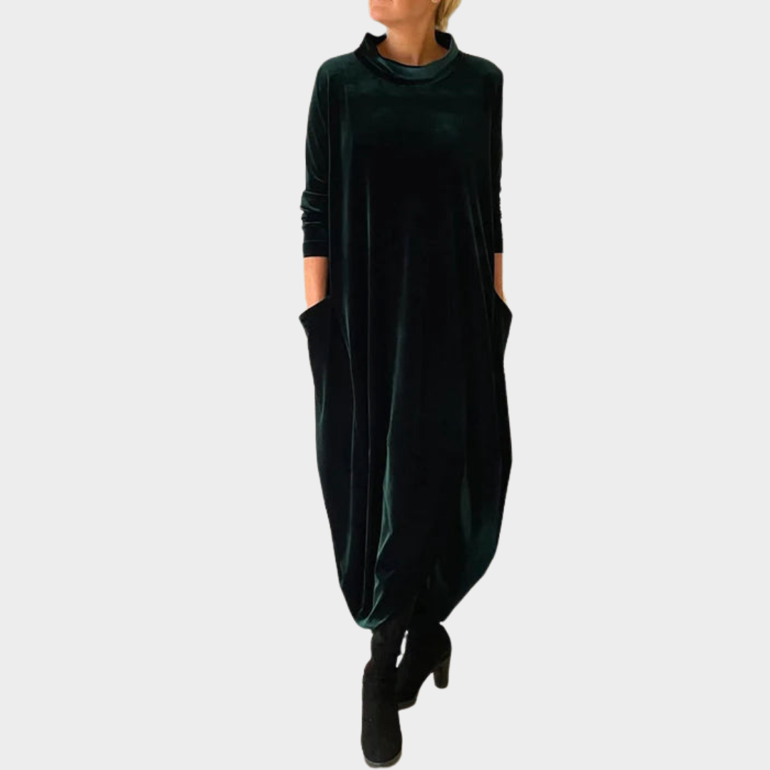 Women's Vintage Long Dress – O Neck Loose Fit – Velvet Casual Party Dress – Multiple Colours