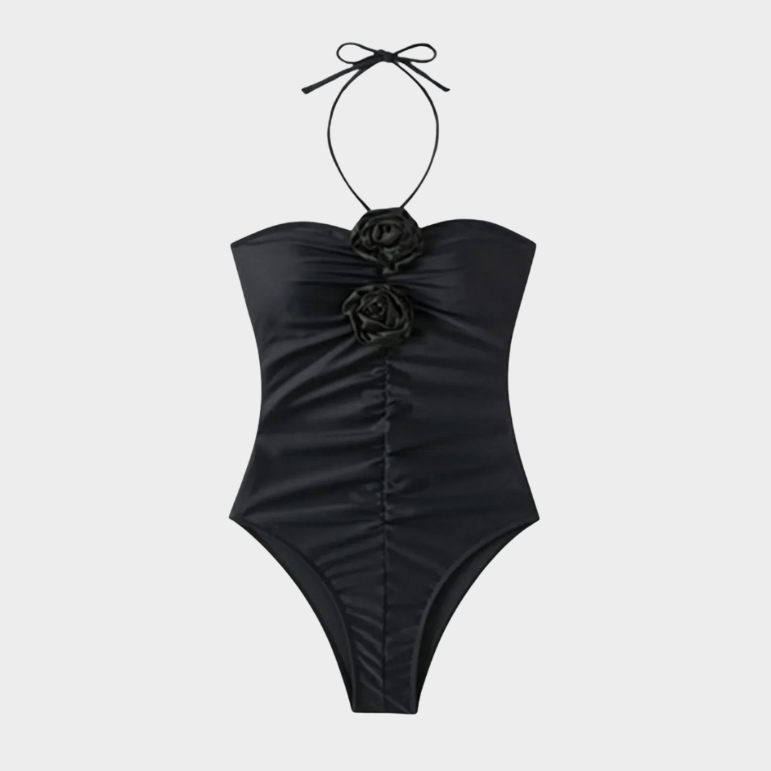 Women One Piece Swimsuit – Halter Neck Backless Design with 3D Floral Detail Slim Fit Monokini – Black