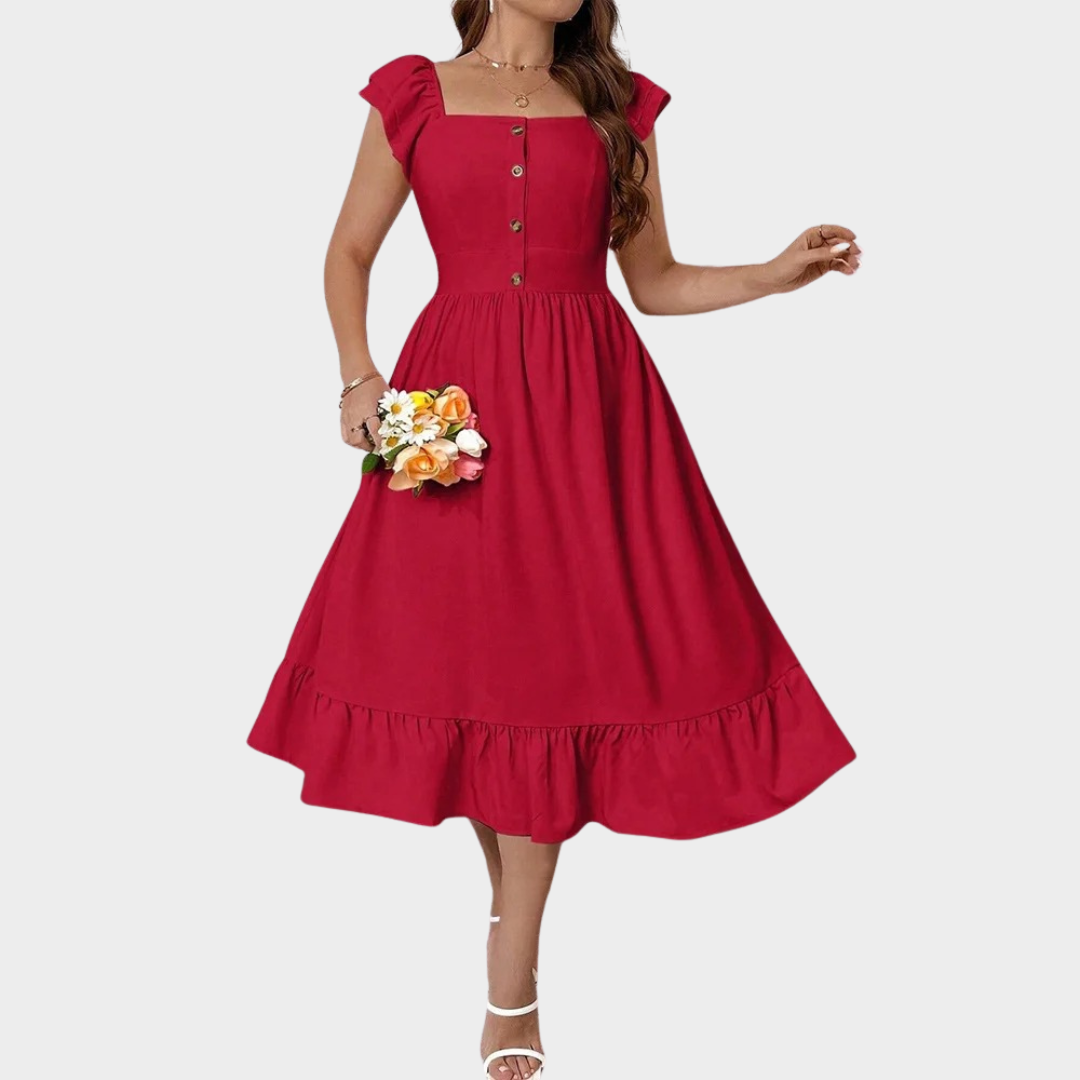 Women French Style Dress – Square Neck – Short Fly Sleeves – Relaxed Fit – Soft Fabric – Red