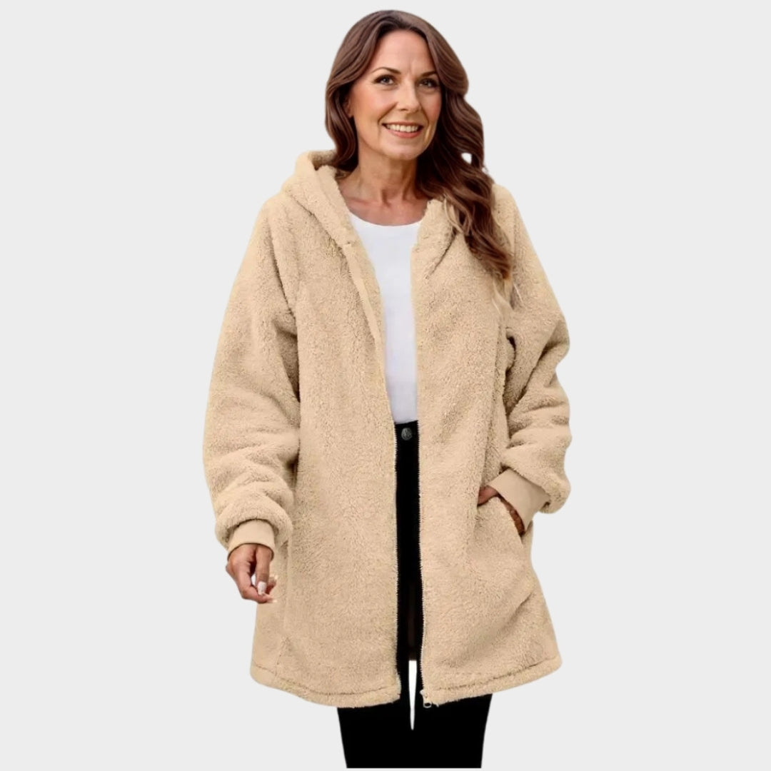 Plush Hooded Jacket for Women – Casual Autumn Winter Outerwear, Brown, Beige, Black