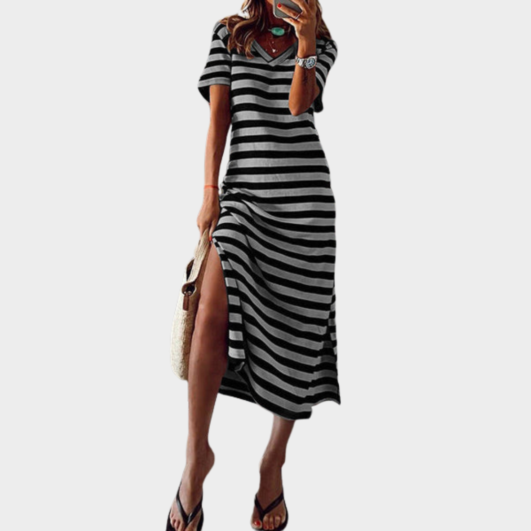 Women’s Stripe Print V-Neck Maxi Dress – Short Sleeve Loose Fit Long Dress – Lightweight Fabric – Multiple Colours