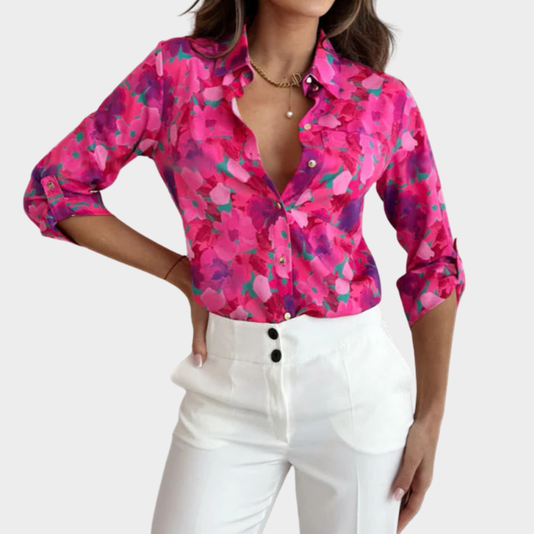 Women’s V-Neck Floral Blouse – Long Sleeve Button-Down Shirt – Lightweight Cotton-Polyester Fabric – Pink