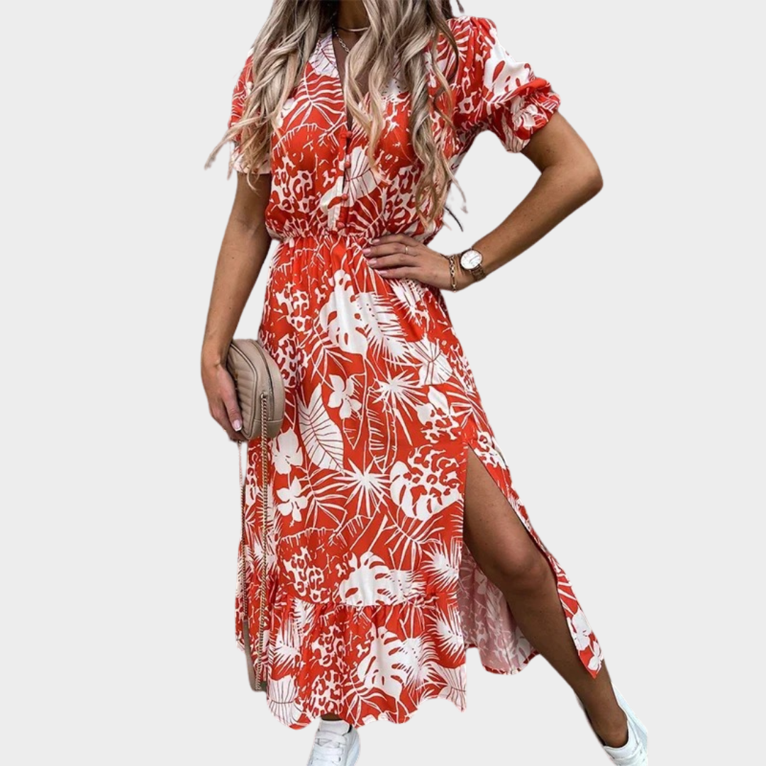 Women's Floral Button V-Neck Dress – Short Sleeve – Slit Skirt – Lightweight Casual Fit – Multiple Colours