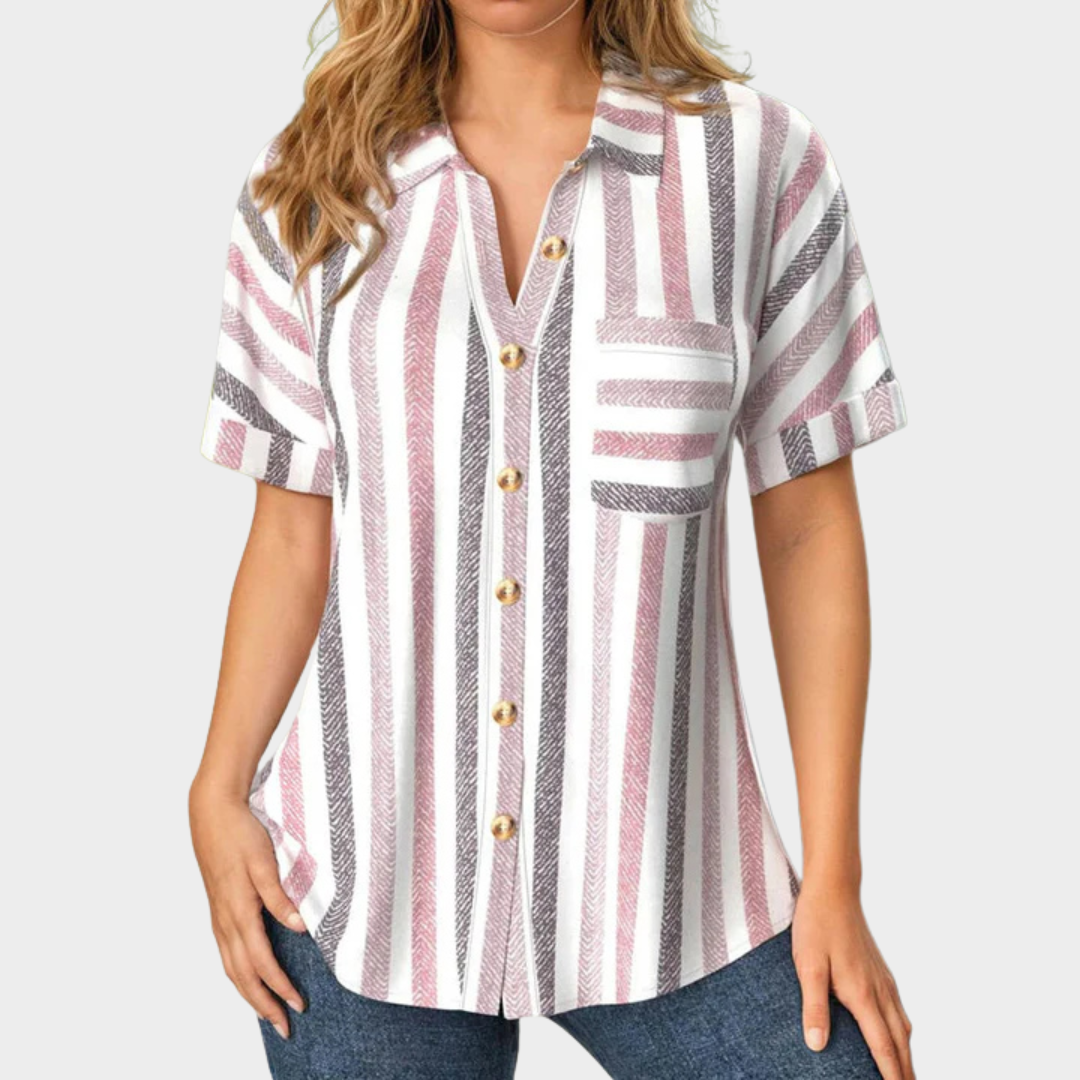 Women’s Striped Casual Blouse – Short Sleeve Button-Up Shirt – Cotton-Polyester Blend with Turn-Down Collar and Pocket – Multicolour