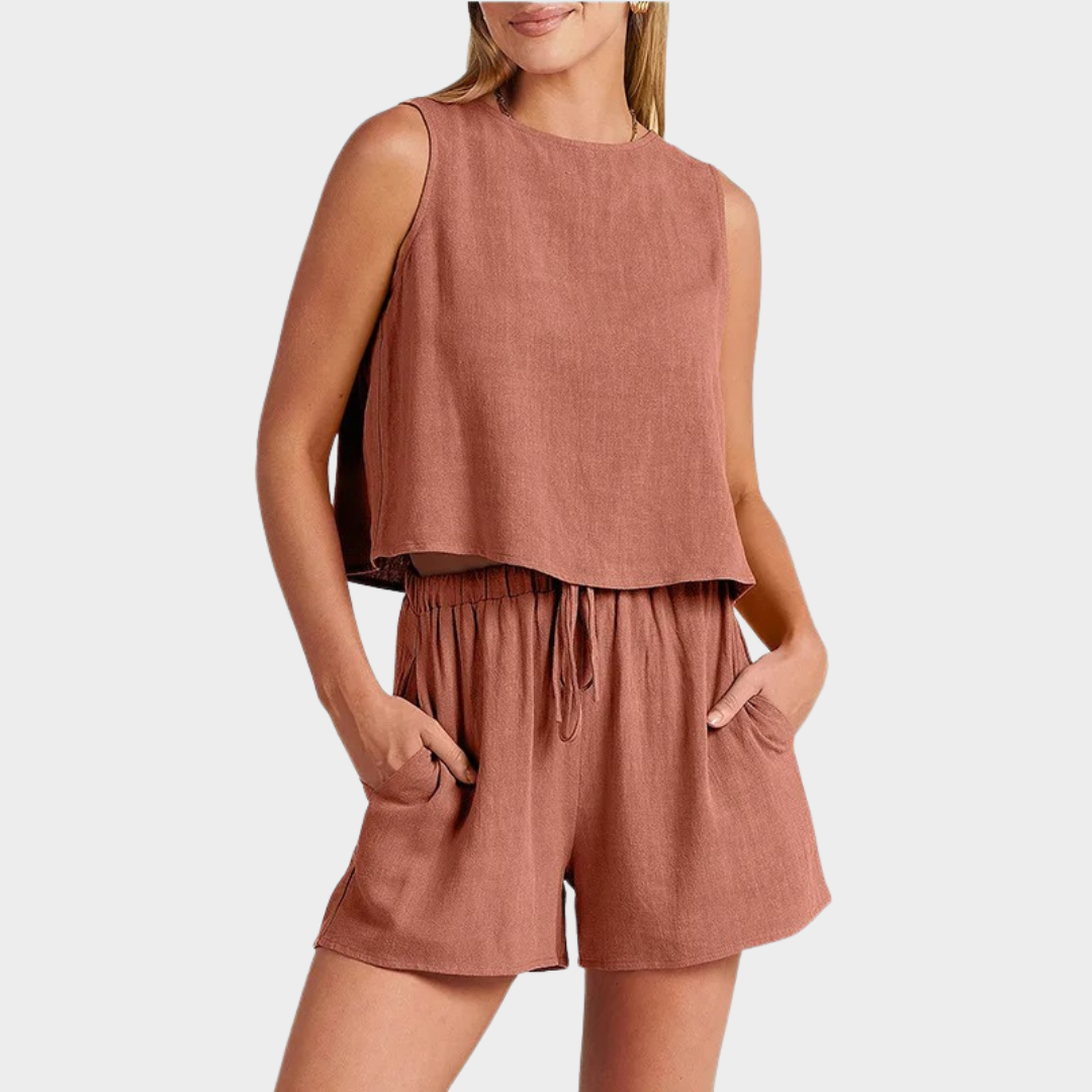 Women’s Sleeveless Linen Two-Piece Set – Button-Back Top and Shorts – Lightweight Soft Fabric – Relaxed Fit Casual Outfit – Multiple Colours