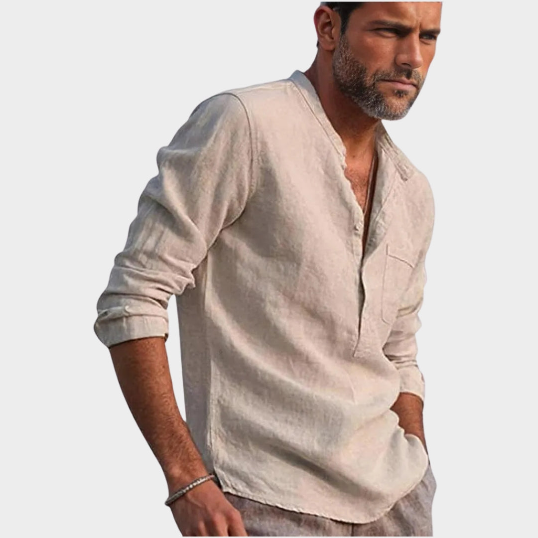 Men's Long-Sleeve Shirt - V-Neck - Button Pocket Design - Cotton - Casual Fit - Multiple Colours