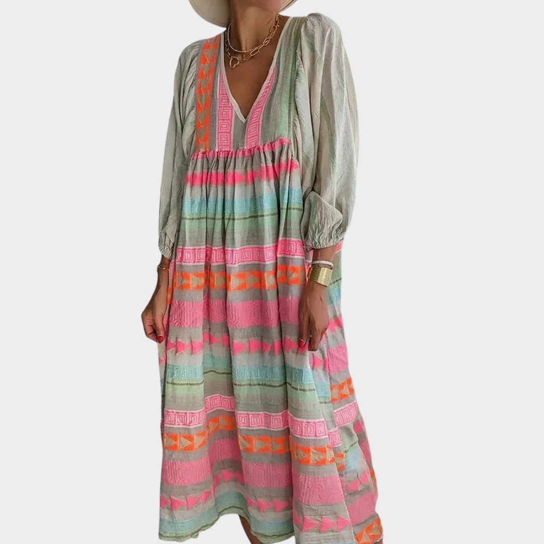 Women’s Maxi Dress – High Waist Loose Fit – Puff Sleeve – Lightweight Breathable Material – Pink