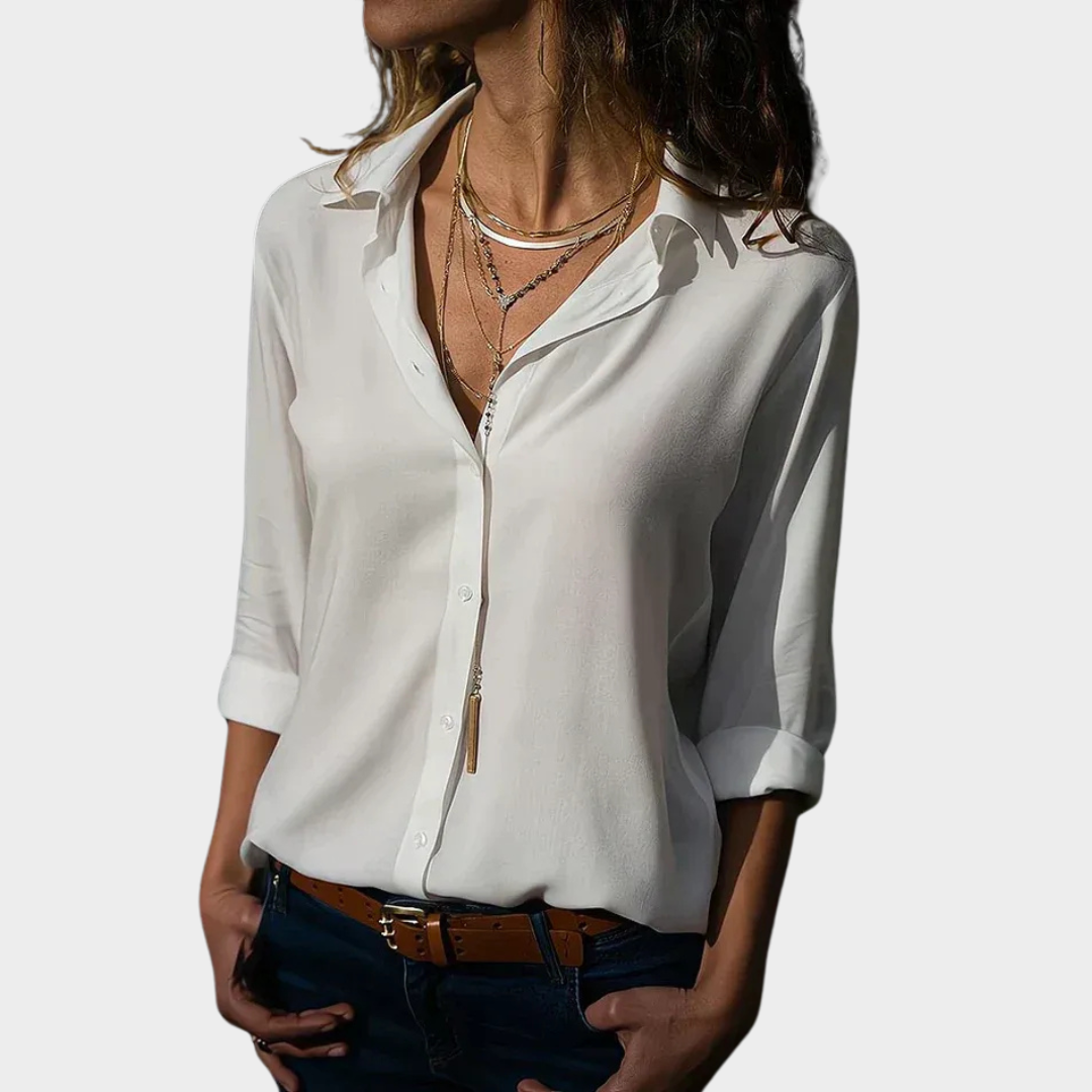 Women’s Long Sleeve Chiffon Blouse – Loose Fit V-Neck Tunic Style – Lightweight Office Wear with Elegant Draping – Multiple Colours