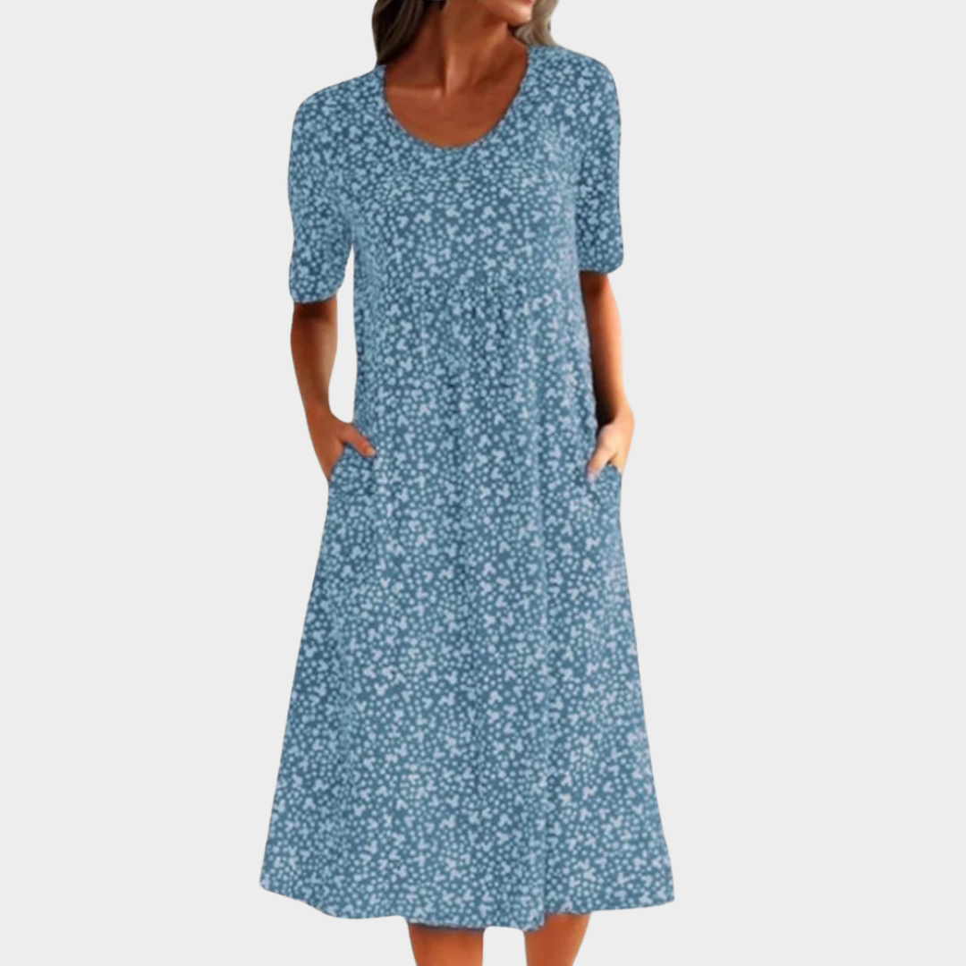 Women’s Heart Print Knee-Length Dress – Round Neck Pleated Casual Fit with Pockets – Short Sleeve Lightweight Floral Style – Multiple Colours