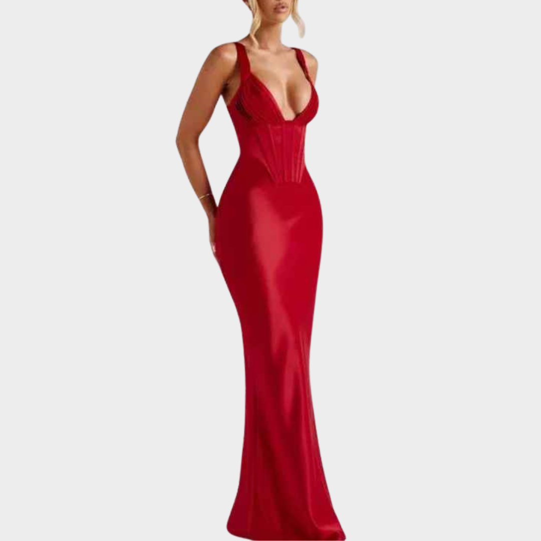 Women Corset Satin Mermaid Dress – Deep V Neck Backless Floor Length Bodycon Gown for Wedding Prom and Formal Evening – Multiple Colours